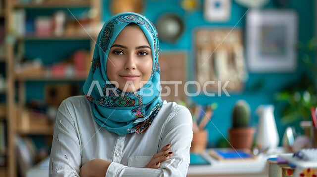 الاهتمام بالمظهر الخارجي والأناقة، ملابس محجبات عصرية راقية، مفهوم الانوثة والنعومة، صورة مقربة لامرأة عربية خليجية سعودية محجبة تنظر إلى الكاميرا بايماءات الثقة بالنفس والسرور