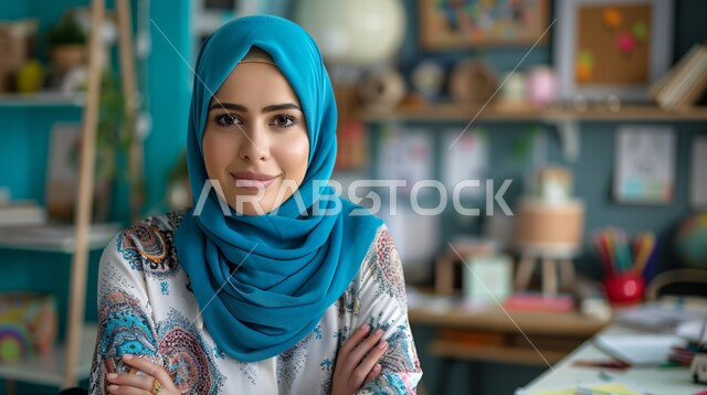 الاهتمام بالمظهر الخارجي والأناقة، ملابس محجبات عصرية راقية، مفهوم الانوثة والنعومة، صورة مقربة لامرأة عربية خليجية سعودية محجبة تنظر إلى الكاميرا بايماءات الثقة بالنفس والسرور