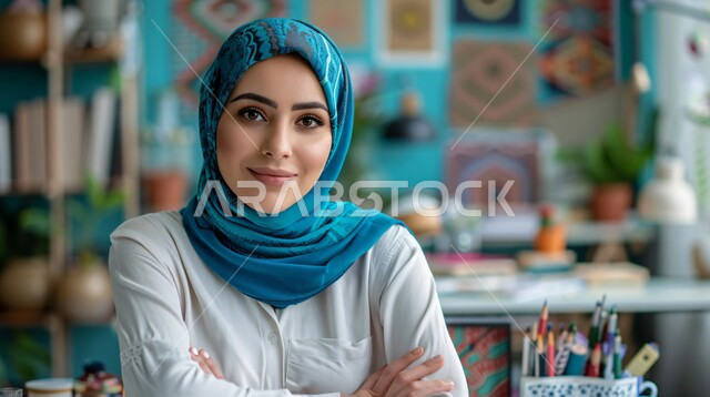 الاهتمام بالمظهر الخارجي والأناقة، ملابس محجبات عصرية راقية، مفهوم الانوثة والنعومة، صورة مقربة لامرأة عربية خليجية سعودية محجبة تنظر إلى الكاميرا بايماءات الثقة بالنفس والسرور