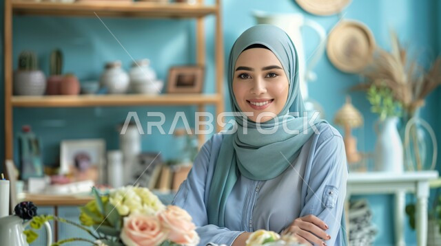 الاهتمام بالمظهر الخارجي والأناقة، ملابس محجبات عصرية راقية، مفهوم الانوثة والنعومة، صورة مقربة لامرأة عربية خليجية سعودية محجبة تنظر إلى الكاميرا بايماءات الثقة بالنفس والسرور