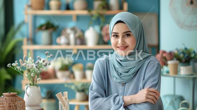 الاهتمام بالمظهر الخارجي والأناقة، ملابس محجبات عصرية راقية، مفهوم الانوثة والنعومة، صورة مقربة لامرأة عربية خليجية سعودية محجبة تنظر إلى الكاميرا بايماءات الثقة بالنفس والسرور