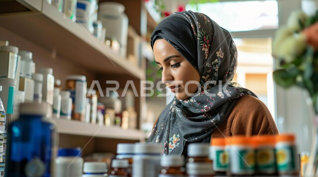 استقبال المرضى وتقديم العلاج اللازم، صورة مقربة  لصيدلانية عربيه خليجيه سعودية محجبة ترتدي المعطف الطبي، أداء الواجبات المهنية بجودة عالية، مفهوم الصيدلة والرعاية الصحية, ايماءات السعادة و السرور, الادوية والمستلزمات الطبية، مهن ووظائف نسائية سعودية