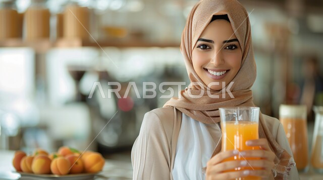  ملابس محجبات عصرية راقية، مفهوم الأنوثة والنعومة، الاهتمام بالمظهر الخارجي والأناقة، صورة مقربة لامرأة عربية خليجية سعودية محجبة تنظر إلى الكاميرا بايماءات الثقة بالنفس والسرور تحمل بيدها كوب من العصير