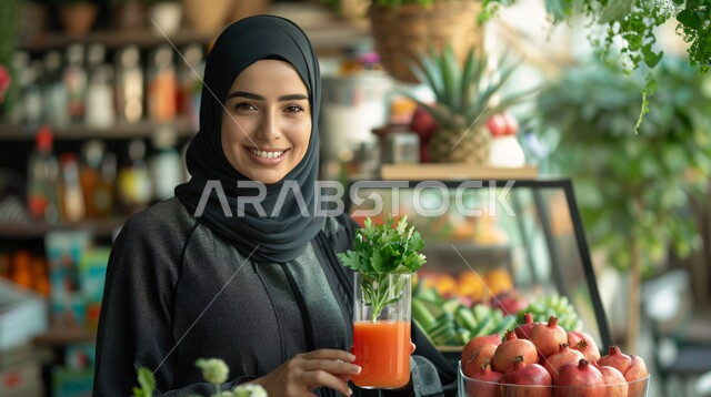 ملابس محجبات عصرية راقية، مفهوم الأنوثة والنعومة، الاهتمام بالمظهر الخارجي والأناقة، صورة مقربة لامرأة عربية خليجية سعودية محجبة تنظر إلى الكاميرا بايماءات الثقة بالنفس والسرور تحمل بيدها كوب من العصير