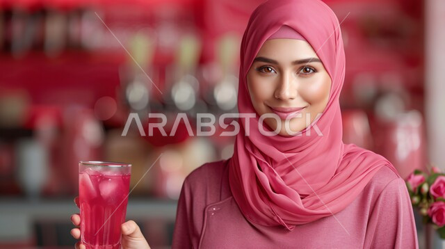  ملابس محجبات عصرية راقية، مفهوم الأنوثة والنعومة، الاهتمام بالمظهر الخارجي والأناقة، صورة مقربة لامرأة عربية خليجية سعودية محجبة تنظر إلى الكاميرا بايماءات الثقة بالنفس والسرور تحمل بيدها كوب من العصير