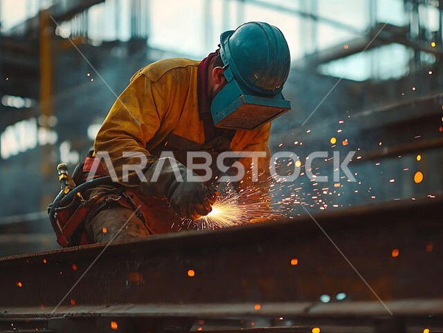 المهارة في إتقان عمل الحداده، الآلات والمعدات الثقيلة، مصانع المعادن الخام في المملكة، صورة مقربة  لحداد عربي خليجي سعودي يرتدي ملابس وخوذة الحماية من الشراب المتناثر يقوم بلحام الحديد في موقع البناء، مهن وأعمال سعودية