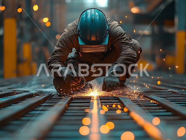 المهارة في إتقان عمل الحداده، الآلات والمعدات الثقيلة، مصانع المعادن الخام في المملكة، صورة مقربة  لحداد عربي خليجي سعودي يرتدي ملابس وخوذة الحماية من الشراب المتناثر يقوم بلحام الحديد في موقع البناء، مهن وأعمال سعودية