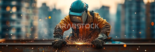 المهارة في إتقان عمل الحداده، الآلات والمعدات الثقيلة، مصانع المعادن الخام في المملكة، صورة مقربة  لحداد عربي خليجي سعودي يرتدي ملابس وخوذة الحماية من الشراب المتناثر يقوم بلحام الحديد في موقع البناء، مهن وأعمال سعودية