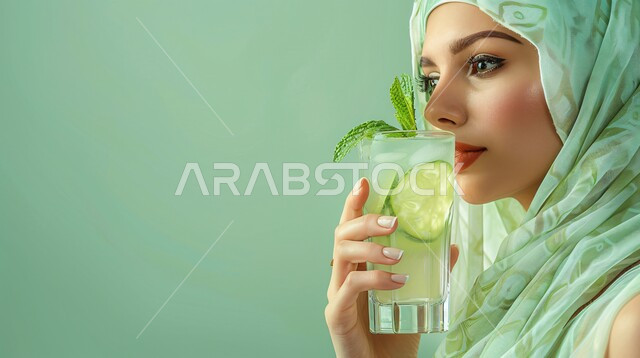مفهوم الأنوثة والنعومة، ملابس محجبات عصرية راقية، الاهتمام بالمظهر الخارجي والأناقة، صورة مقربة لامرأة عربية خليجية سعودية محجبة تنطر الى الجانب بايماءات الثقة بالنفس تحمل بيدها كوب من العصير