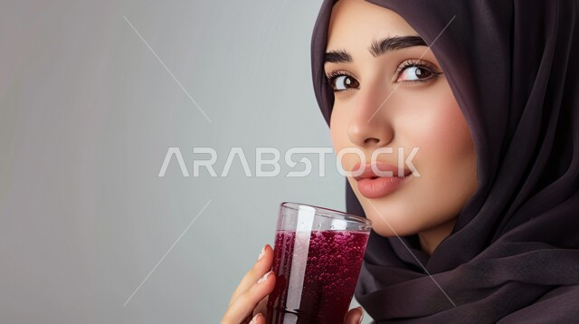 مفهوم الأنوثة والنعومة، ملابس محجبات عصرية راقية، الاهتمام بالمظهر الخارجي والأناقة، صورة مقربة لامرأة عربية خليجية سعودية محجبة تنطر الى الجانب بايماءات الثقة بالنفس تحمل بيدها كوب من العصير