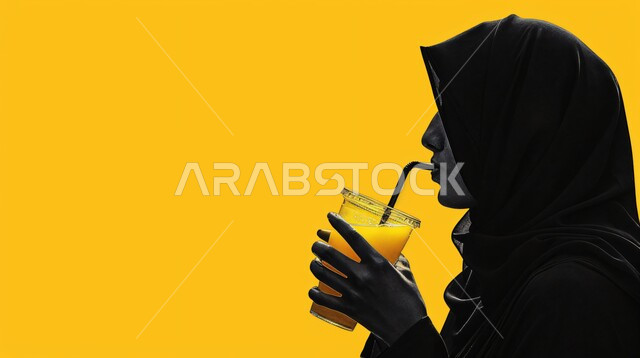مفهوم الأنوثة والنعومة، ملابس محجبات عصرية راقية، الاهتمام بالمظهر الخارجي والأناقة، صورة مقربة لامرأة عربية خليجية سعودية محجبة تنطر الى الجانب بايماءات الثقة بالنفس تحمل بيدها كوب من العصير