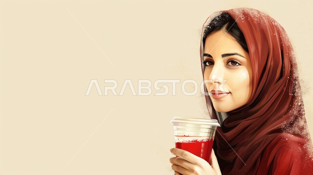 مفهوم الأنوثة والنعومة، ملابس محجبات عصرية راقية، الاهتمام بالمظهر الخارجي والأناقة، صورة مقربة لامرأة عربية خليجية سعودية محجبة تنطر الى الجانب بايماءات الثقة بالنفس تحمل بيدها كوب من العصير