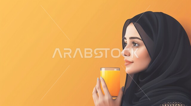 مفهوم الأنوثة والنعومة، ملابس محجبات عصرية راقية، الاهتمام بالمظهر الخارجي والأناقة، صورة مقربة لامرأة عربية خليجية سعودية محجبة تنطر الى الجانب بايماءات الثقة بالنفس تحمل بيدها كوب من العصير