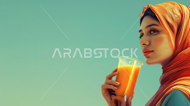مفهوم الأنوثة والنعومة، ملابس محجبات عصرية راقية، الاهتمام بالمظهر الخارجي والأناقة، صورة مقربة لامرأة عربية خليجية سعودية محجبة تنطر الى الجانب بايماءات الثقة بالنفس تحمل بيدها كوب من العصير