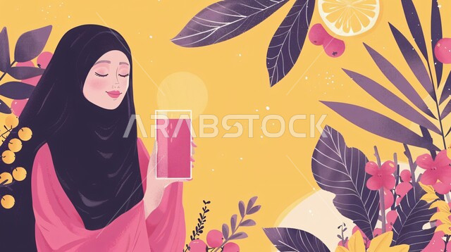 الاستمتاع بالمشروبات الباردة، ملابس محجبات عصرية راقية، مفهوم الأنوثة والنعومة، الاهتمام بالمظهر الخارجي والأناقة، صورة مقربة لامرأة عربية خليجية سعودية محجبة تغمض عينيها تحمل بيدها كوب من العصير