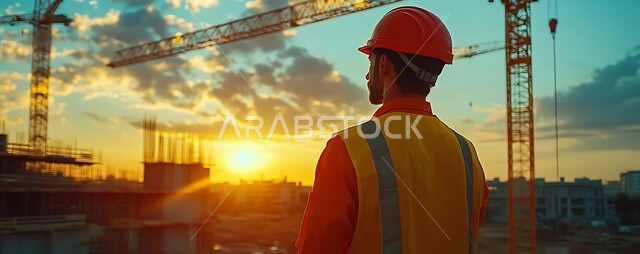 Engineering professions and jobs, the concept of work in the engineering sector, development and growth in the field of engineering in the Kingdom of Saudi Arabia, a picture from the back of a Saudi Arabian Gulf engineer wearing a protective jacket and helmet supervising projects at the work site at sunset