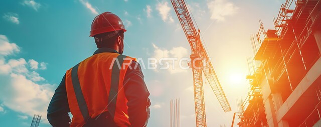 مهن ووظائف هندسية، مفهوم العمل في القطاع الهندسي, التطور و النمو في مجال الهندسة في المملكة العربية السعودية، صورة من الخلف لمهندس عربي خليجي سعودي يرتدي سترة و خوذة الحماية يقوم بالاشراف على المشاريع في موقع العمل وقت غروب الشمس