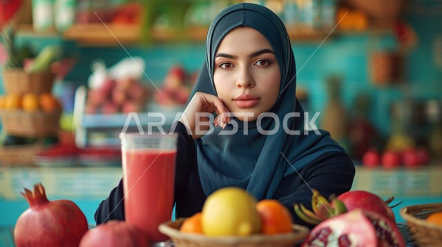  ملابس محجبات عصرية راقية، مفهوم الأنوثة والنعومة، الاهتمام بالمظهر الخارجي والأناقة، صورة مقربة لامرأة عربية خليجية سعودية محجبة تنظر إلى الكاميرا بايماءات الثقة بالنفس امامها كوب من عصير الرمان