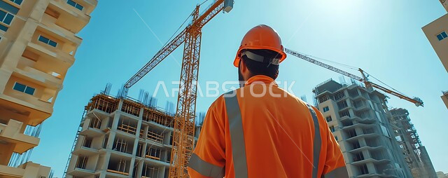 مفهوم العمل في القطاع الهندسي, التطور و النمو في مجال الهندسة في المملكة العربية السعودية، مهن ووظائف هندسية، صورة من الخلف لمهندس عربي خليجي سعودي يرتدي سترة و خوذة الحماية يقوم بالاشراف على المشاريع في موقع العمل