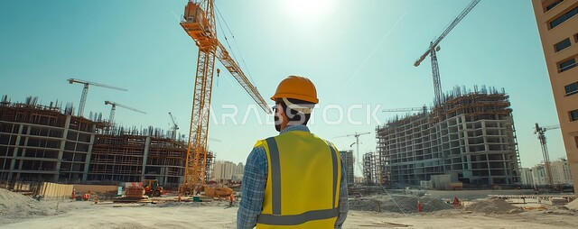 مفهوم العمل في القطاع الهندسي, التطور و النمو في مجال الهندسة في المملكة العربية السعودية، مهن ووظائف هندسية، صورة من الخلف لمهندس عربي خليجي سعودي يرتدي سترة و خوذة الحماية يقوم بالاشراف على المشاريع في موقع العمل