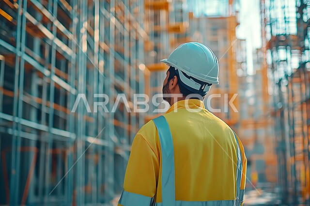 The concept of work in the engineering sector, development and growth in the field of engineering in the Kingdom of Saudi Arabia, engineering professions and jobs, a picture from the back of a Saudi Arabian Gulf engineer wearing a protective jacket and helmet supervising projects at the work site