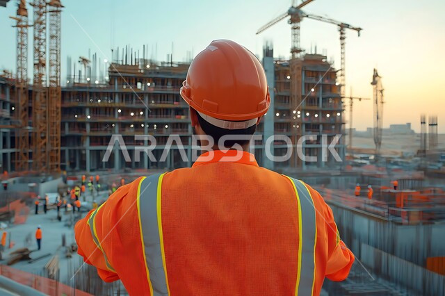 The concept of work in the engineering sector, development and growth in the field of engineering in the Kingdom of Saudi Arabia, engineering professions and jobs, a picture from the back of a Saudi Arabian Gulf engineer wearing a protective jacket and helmet supervising projects at the work site