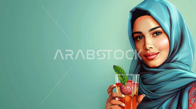  الاهتمام بالمظهر الخارجي والأناقة، ملابس محجبات عصرية راقية، مفهوم الأنوثة والنعومة، صورة مقربة لامرأة عربية خليجية سعودية محجبة تنظر إلى الكاميرا بايماءات الثقة بالنفس امامها كوب من العصير