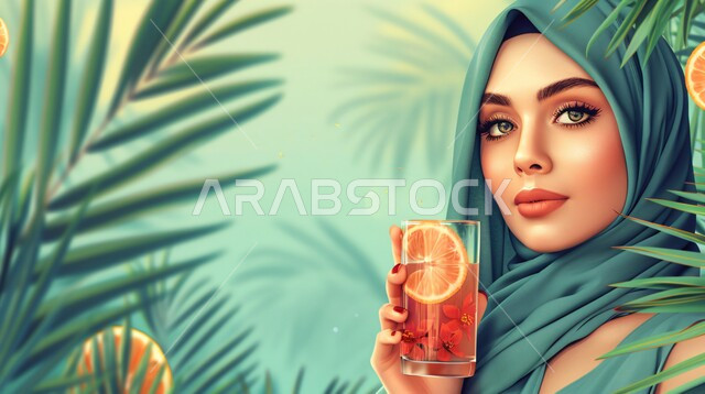  الاهتمام بالمظهر الخارجي والأناقة، ملابس محجبات عصرية راقية، مفهوم الأنوثة والنعومة، صورة مقربة لامرأة عربية خليجية سعودية محجبة تنظر إلى الكاميرا بايماءات الثقة بالنفس امامها كوب من العصير