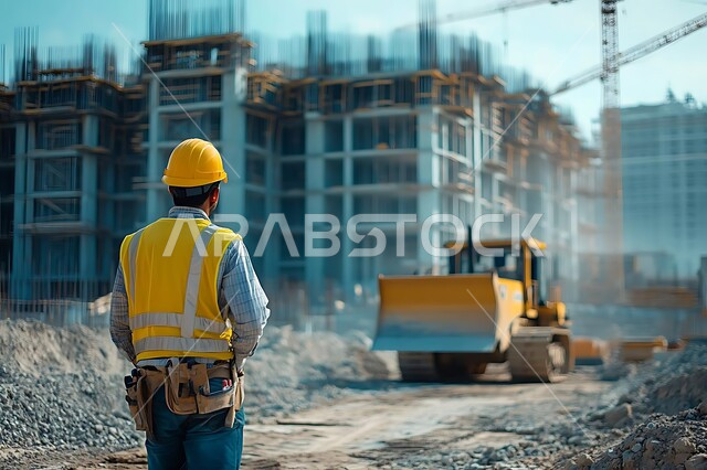 العمل في مجال الهندسة الإنشائية، متابعة المشاريع المعمارية، الإشراف على سير أعمال البناء، صورة مقربة من الخلف لمهندس عربي خليجي سعودي يرتدي سترة وخوذة الحماية يقوم بمراقبة التنفيذ في موقع العمل