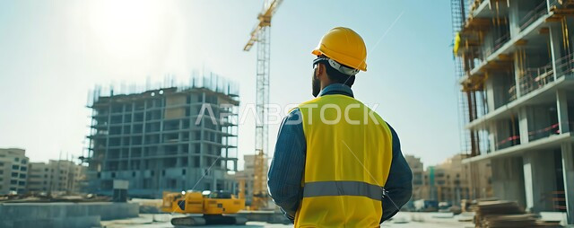Working in the field of structural engineering, following up on architectural projects, supervising the progress of construction work, close-up from the back of a Saudi Arabian Gulf engineer wearing a safety jacket and helmet monitoring the implementation at the work site