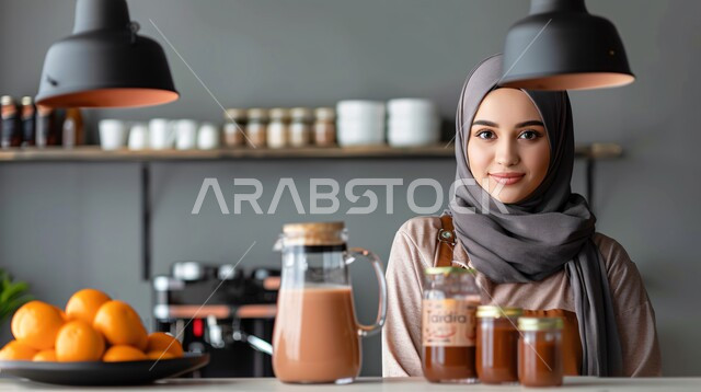  الاهتمام بالمظهر الخارجي والأناقة، ملابس محجبات عصرية راقية، مفهوم الأنوثة والنعومة، صورة مقربة لامرأة عربية خليجية سعودية محجبة في مقهى تنظر  بايماءات الثقة بالنفس امامها اكواب من العصير