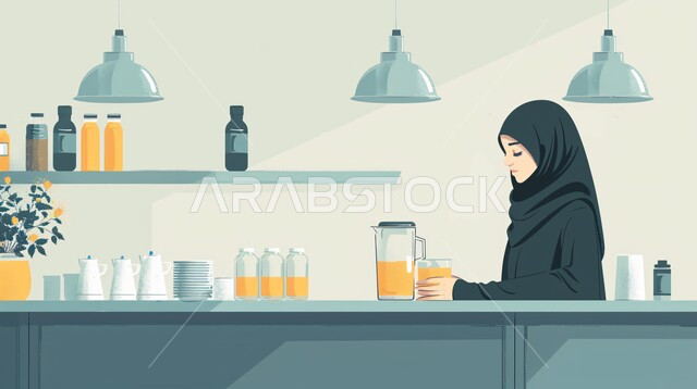  الاهتمام بالمظهر الخارجي والأناقة، ملابس محجبات عصرية راقية، مفهوم الأنوثة والنعومة، صورة مقربة لامرأة عربية خليجية سعودية محجبة في مقهى تنظر  بايماءات الثقة بالنفس امامها اكواب من العصير