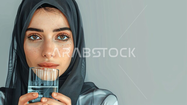  الاهتمام بالمظهر الخارجي والأناقة، ملابس محجبات عصرية راقية، مفهوم الأنوثة والنعومة، صورة مقربة لامرأة عربية خليجية سعودية محجبة تنظر إلى الكاميرا بايماءات الثقة بالنفس تحمل بيدها كوب من الماء