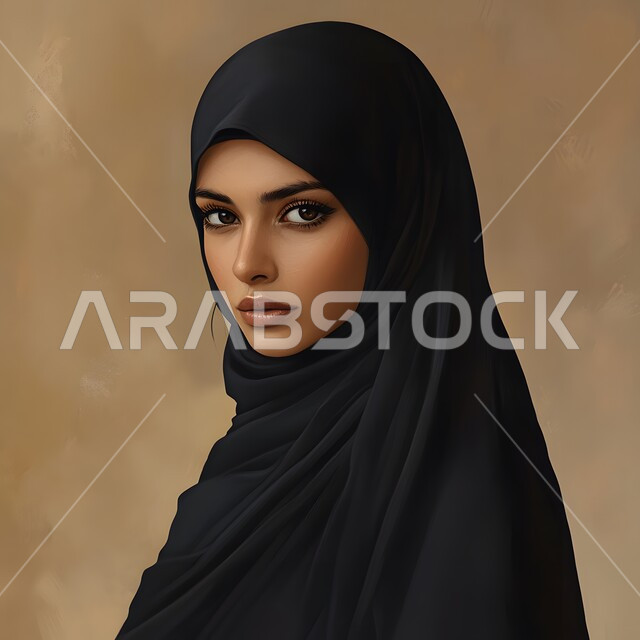 مفهوم الأناقة والأنوثة والشياكة، أزياء محجبات عصريه حديثه، الاهتمام بالمظهر الخارجي، بورتريه مقرب لامرأة عربية خليجية سعودية محجبة ترتدي العباءة السوداء تنظر إلى الكاميرا بإيماءات الثقة بالنفس