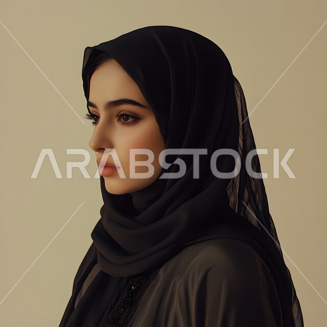 الاهتمام بالمظهر الخارجي، مفهوم الأناقة والأنوثة والشياكة، أزياء محجبات عصريه حديثه، بورتريه مقرب كم الجانب لامرأة عربية خليجية سعودية محجبة ترتدي العباءة السوداء، حجابات وملابس نسائية