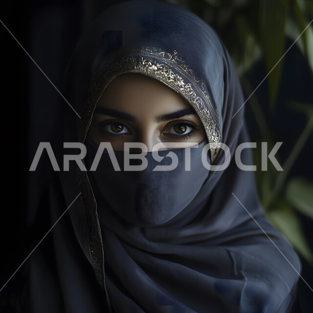 النظر إلى الكاميرا بايماءات الثقة بالنفس، الاهتمام بالمظهر الخارجي، مفهوم الانوثة والنعومة، صورة مقربة لامرأة عربية خليجية سعوية منقبة ترتدي عباءة سوداء، تعابير الجدية والحزم