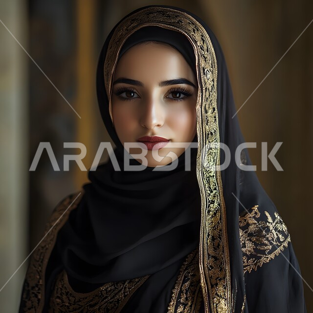 مفهوم الأناقة والأنوثة والشياكة، أزياء محجبات عصريه حديثه، الاهتمام بالمظهر الخارجي، صورة مقربة لامرأة عربية خليجية سعودية محجبة ترتدي العباءة السوداء تنظر إلى الكاميرا بإيماءات الثقة بالنفس