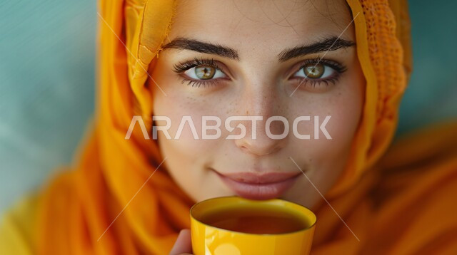الاستمتاع بالمشروبات الساخنة، الاهتمام بالمظهر الخارجي والأناقة، ملابس محجبات عصرية راقية، مفهوم الأنوثة والنعومة، صورة مقربة لامرأة عربية خليجية سعودية محجبة ترتدي حجاب برتقالي تنظر الى الكاميرا بايماءات الثقة بالنفس تحمل بيدها كوب من الشاي