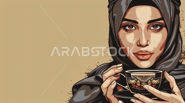 الاستمتاع بالمشروبات الساخنة، الاهتمام بالمظهر الخارجي والأناقة، ملابس محجبات عصرية راقية، مفهوم الأنوثة والنعومة، بورتريه لامرأة عربية خليجية سعودية محجبة تنظر  بايماءات الثقة بالنفس تحمل بيدها كوب من الشاي