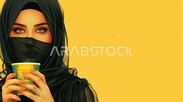 الاستمتاع بالمشروبات الساخنة، الاهتمام بالمظهر الخارجي والأناقة، ملابس محجبات عصرية راقية، مفهوم الأنوثة والنعومة، بورتريه لامرأة عربية خليجية سعودية محجبة تنظر  بايماءات الثقة بالنفس تحمل بيدها كوب من الشاي
