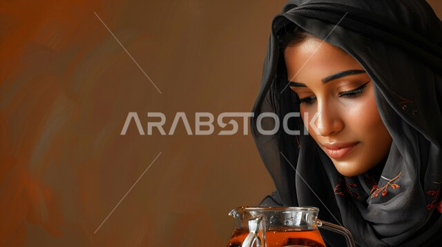 الاستمتاع بالمشروبات الساخنة، الاهتمام بالمظهر الخارجي والأناقة، ملابس محجبات عصرية راقية، مفهوم الأنوثة والنعومة، بورتريه لامرأة عربية خليجية سعودية محجبة تنظر  بايماءات الثقة بالنفس تحمل بيدها كوب من الشاي