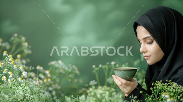 مفهوم الأنوثة والنعومة، بالمشروبات الساخنة، الاهتمام بالمظهر الخارجي والأناقة، ملابس محجبات عصرية راقية، صورة مقربة لامرأة عربية خليجية سعودية محجبة تنظر  بايماءات الثقة بالنفس تحمل بيدها كوب من الشاي