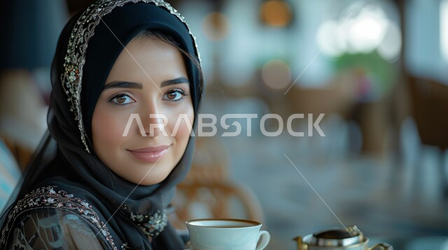 The concept of femininity and softness, with hot drinks, interest in appearance and elegance, modern, elegant veiled clothing, a close-up image of a veiled Saudi Arabian Gulf woman looking with gestures of self-confidence, holding a cup of tea in her hand