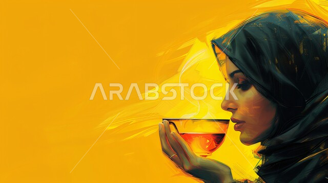 مفهوم الأنوثة والنعومة، بالمشروبات الساخنة، الاهتمام بالمظهر الخارجي والأناقة، ملابس محجبات عصرية راقية، صورة مقربة لامرأة عربية خليجية سعودية محجبة تنظر  بايماءات الثقة بالنفس تحمل بيدها كوب من الشاي