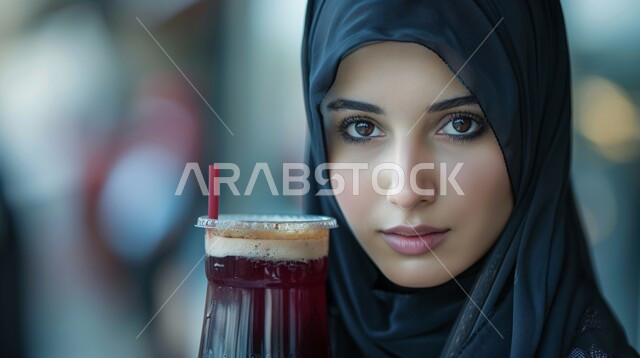 مفهوم الأنوثة والنعومة، بالمشروبات الساخنة، الاهتمام بالمظهر الخارجي والأناقة، ملابس محجبات عصرية راقية، صورة مقربة لامرأة عربية خليجية سعودية محجبة تنظر  بايماءات الثقة بالنفس تحمل بيدها كوب من الشاي
