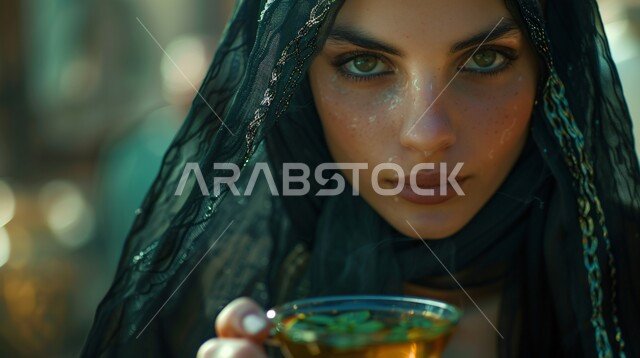 مفهوم الأنوثة والنعومة، بالمشروبات الساخنة، الاهتمام بالمظهر الخارجي والأناقة، ملابس محجبات عصرية راقية، صورة مقربة لامرأة عربية خليجية سعودية محجبة تنظر  بايماءات الثقة بالنفس تحمل بيدها كوب من الشاي