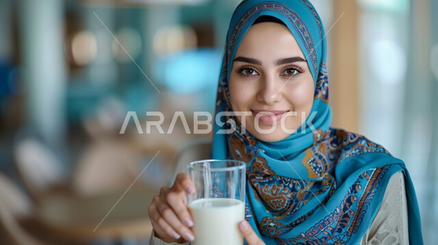  الاهتمام بالمظهر الخارجي والأناقة، ملابس محجبات عصرية راقية، مفهوم الأنوثة والنعومة، صورة مقربة لامرأة عربية خليجية سعودية محجبة تنظر إلى الكاميرا بايماءات الثقة بالنفس تحمل بيدها كوب من الحليب