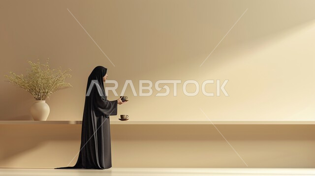 الجلوس في مكان هادئ ومريح،  الاهتمام بالمظهر الخارجي والأناقة، ملابس محجبات عصرية راقية، مفهوم الأنوثة والنعومة، صورة مقربة لامرأة عربية خليجية سعودية محجبة تنظر بايماءات الثقة بالنفس تحمل بيدها اكواب 