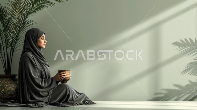 الجلوس في مكان هادئ ومريح،  الاهتمام بالمظهر الخارجي والأناقة، ملابس محجبات عصرية راقية، مفهوم الأنوثة والنعومة، صورة مقربة لامرأة عربية خليجية سعودية محجبة تنظر بايماءات الثقة بالنفس تحمل بيدها اكواب 
