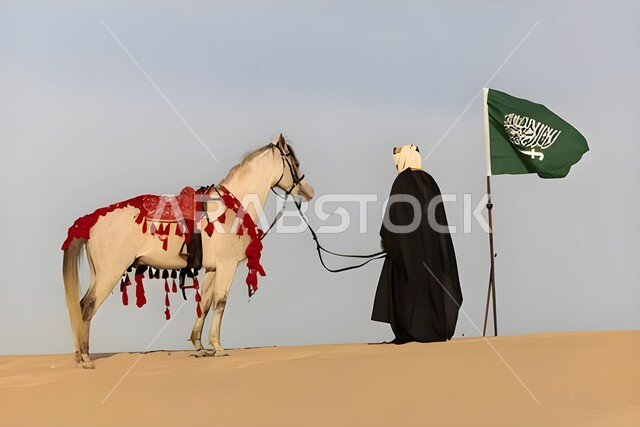 الفخر بإمتلاك الهوية السعودية، أنشطة وفعاليات ركوب الخيول في الصحراء، خيال عربي خليجي سعودي يقف أمام فرسه العربي الأصيل وبجانبه علم السعودية، العيد الوطني السعودي، اليوم الوطني لتوحيد المملكة 23 سبتمبر، يوم العلم 11 مارس، توارث شغف الجياد من الأجداد